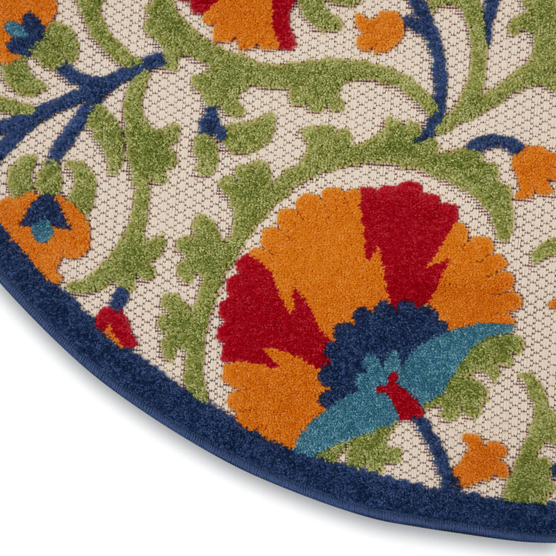 HomeRoots 5' Navy Blue Beige Green Blue And Red Round Floral Indoor Outdoor Area Rug image number 5