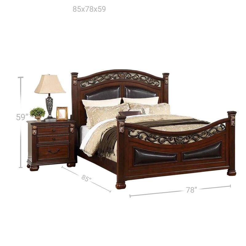 Miri Arched King Size Bed, Carved Leaf Details, Reeded Pilasters, Oak Brown - Benzara