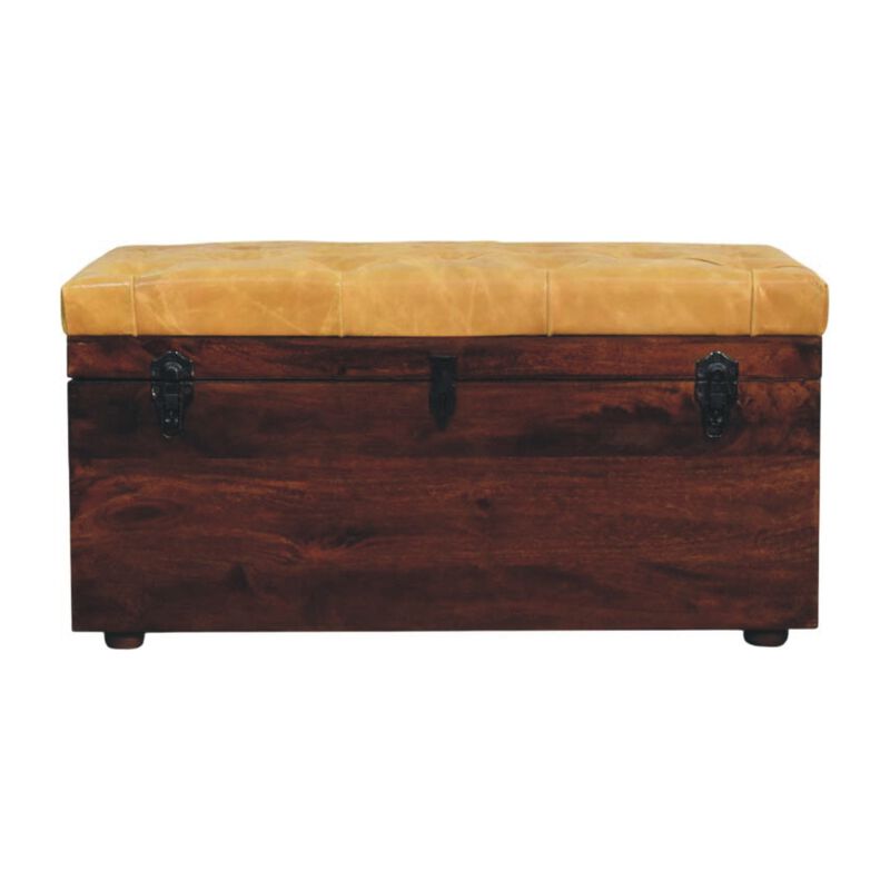 Artisan Furniture Solid Wood Walnut Storage Trunk Bench with Tan Leather,  Orange and Brown image number 0