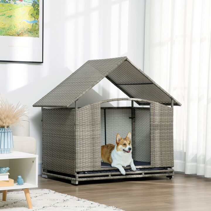 Wicker Dog House with Canopy, Rattan Dog Bed with Water Resistant Soft Cushion, Elevated Puppy House Shelter for Indoor Outdoor, Easy Installation, for Small Medium Dogs