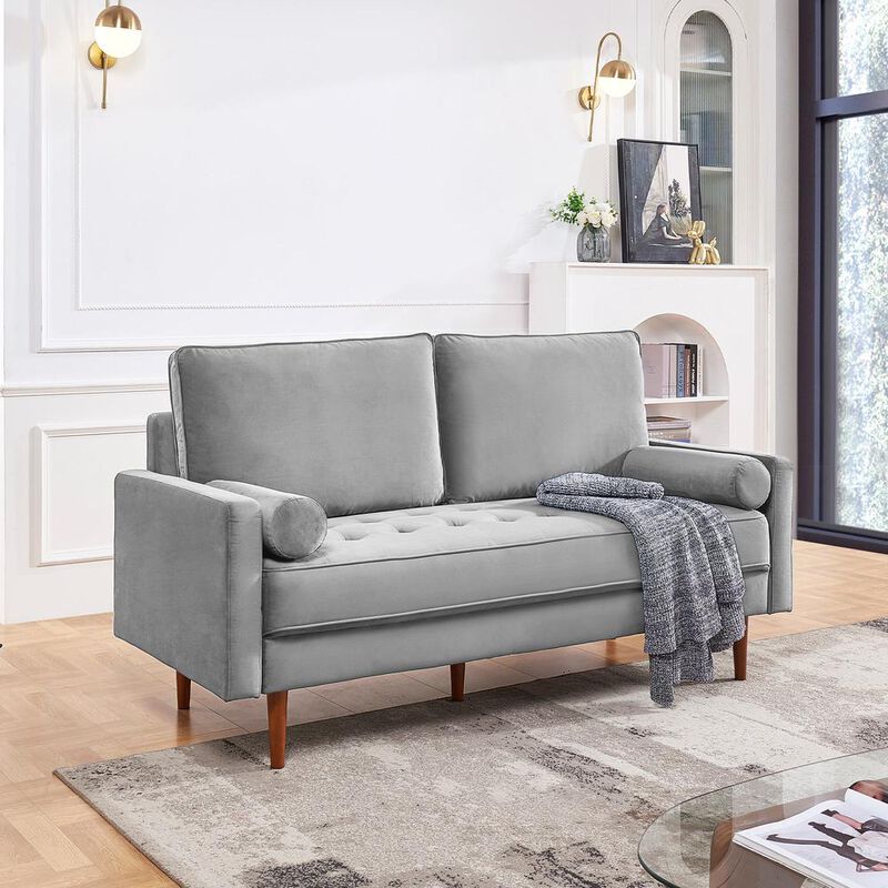 OS Home and Office Furniture 69 Inch Wide Upholstered Two Cushion Sofa with Bolster Pillows in Grey Velvet