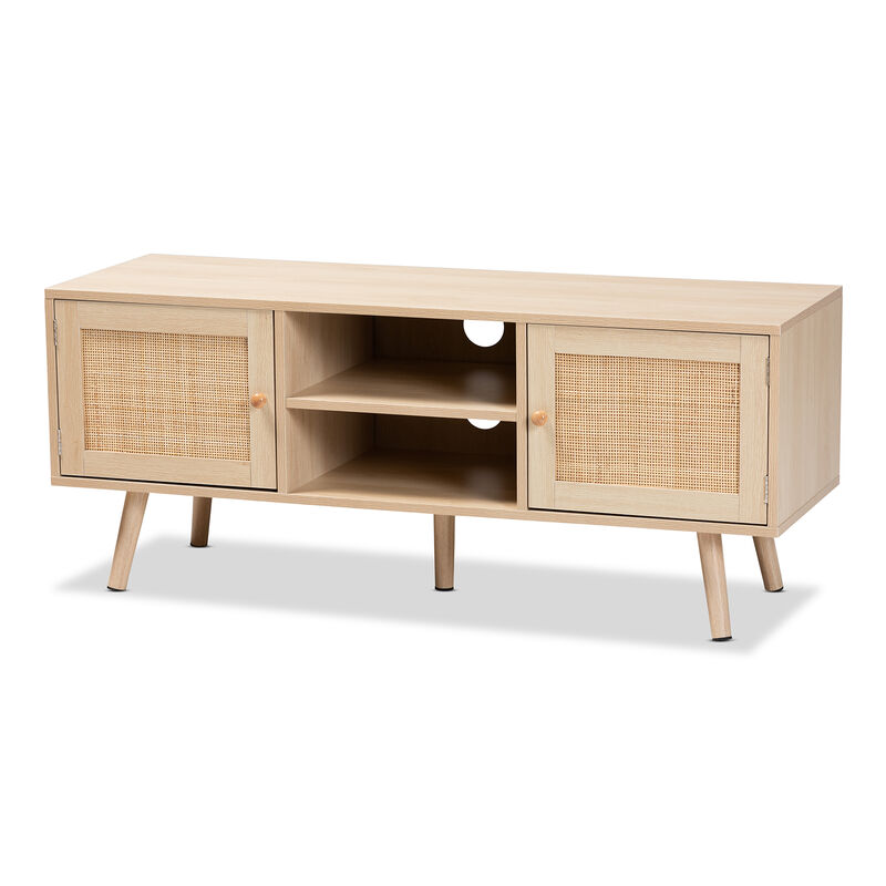 Baxton Studio Sebille  Light Brown Finished Wood 2 Door TV Stand with Natural Rattan image number 0