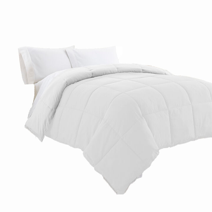 Beth Reversible Microfiber Queen Comforter, Squared Stitching, Pure White - Benzara