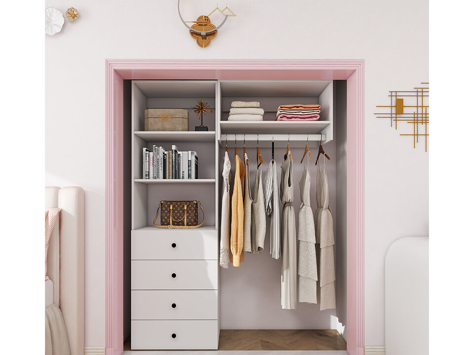 Wood Closet System with 4 Drawers Modular  Storage Cabinet, Hanging Rod and 4 Shelves Clothes Garment Rack Wall Mount or Built-in Organizer for Bedroom 