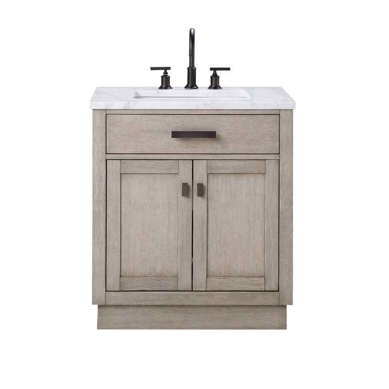 Chestnut 30 In. Single Sink Carrara White Marble Countertop Bath Vanity In Grey Oak with Oil Rubbed Bronze Hardware