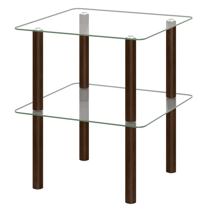 Modern 2-Tier Square End Table with Storage Shelf and Clear Tempered Glass Top