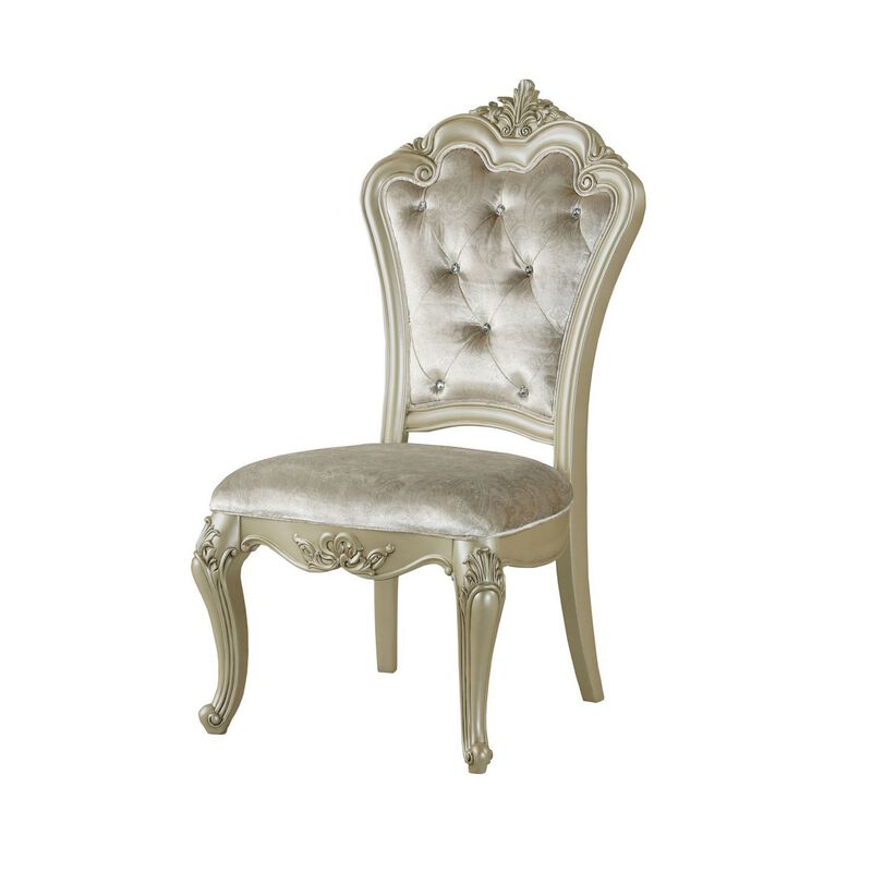 Siq 27 Inch Dining Side Chair Set of 2, Upholstered, Champagne Gold, Silver - Benzara