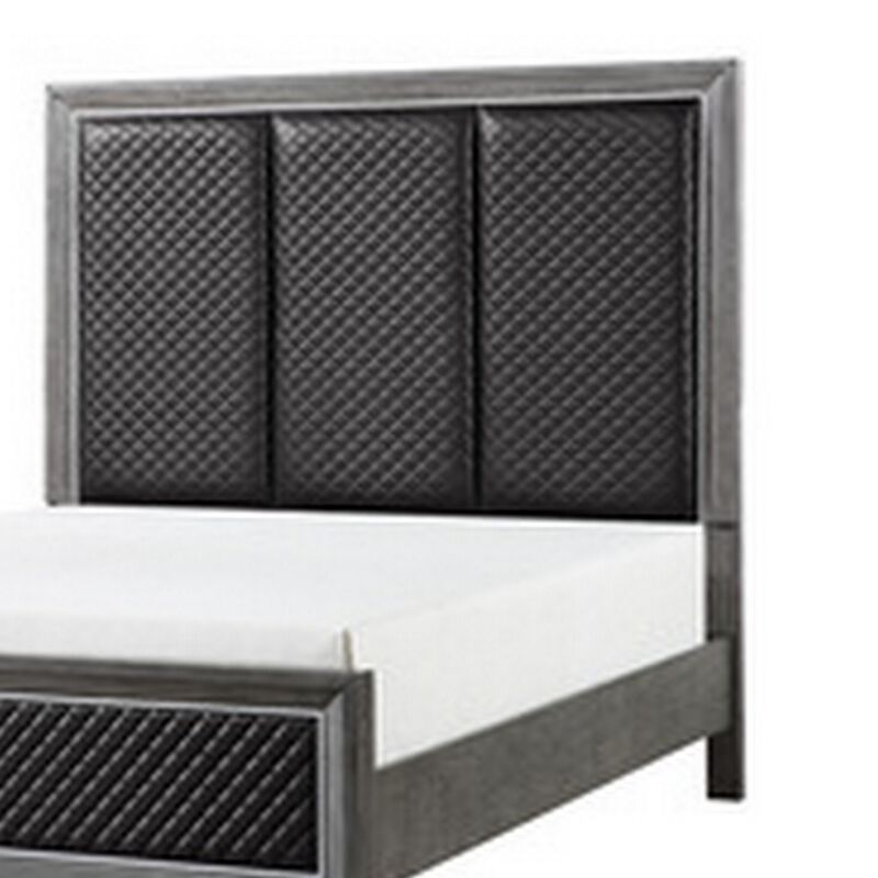 Stacy Queen Bed, Gray Faux Leather Upholstered Panels, Silver, Gray Wood