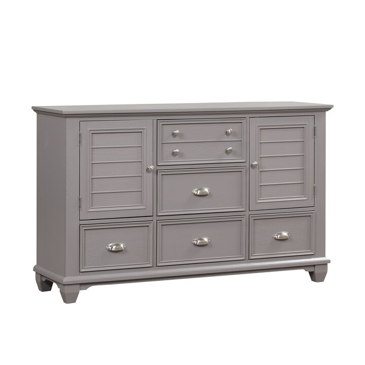 Limi Dresser, 6 Drawers, 2 Door Cabinets, Light Gray Wood 61 Inch