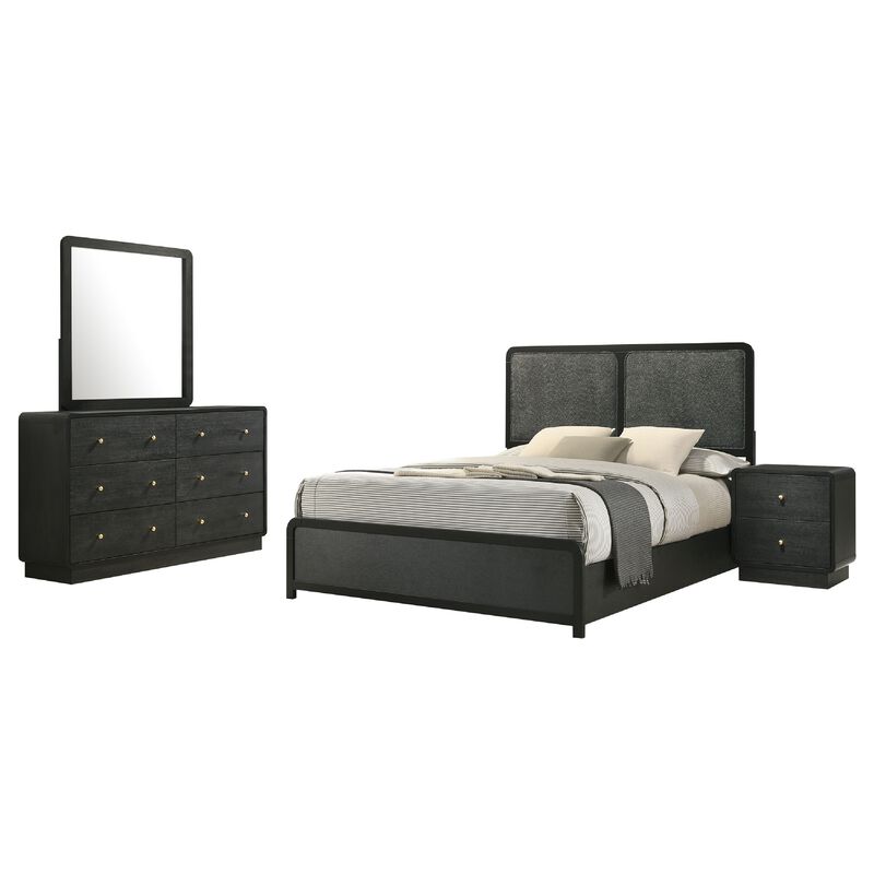 Cavy 4pc Queen Bedroom Set, Charcoal Gray Upholstery, Gold