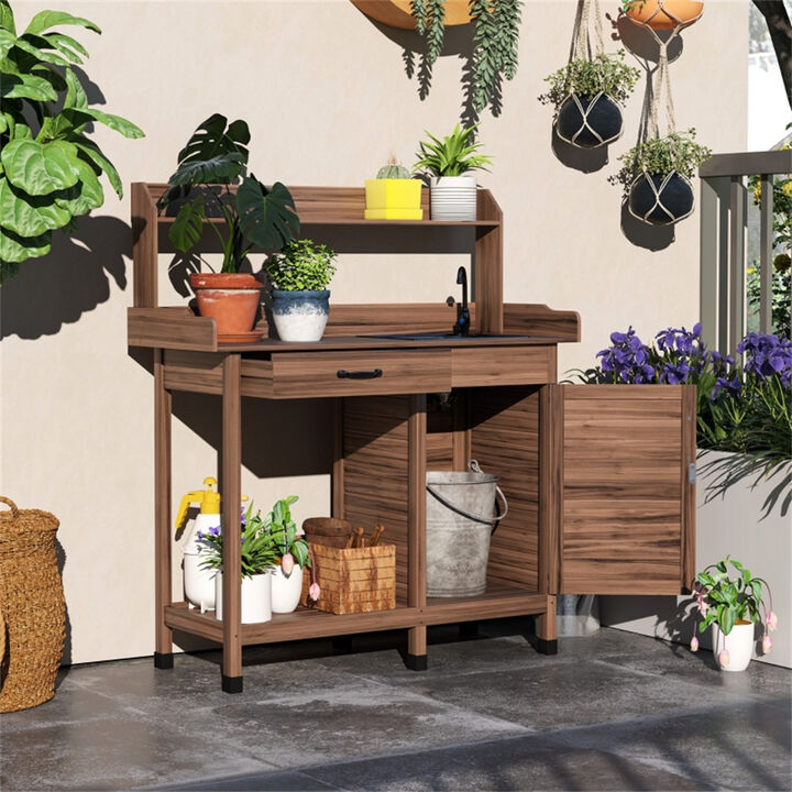 Garden Work Table with Open Shelves &ndash; Wooden Potting Bench for Backyard Use