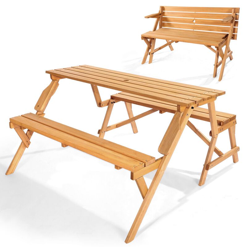 2-in-1 Wooden Picnic Table and Bench Set &ndash; Foldable Outdoor Table with Umbrella Hole