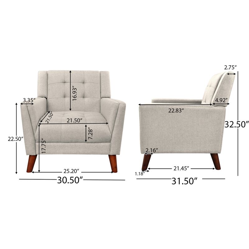 Accent Armchair, Tufted Back Flared Arms, Tapered Wood Legs, Beige Fabric