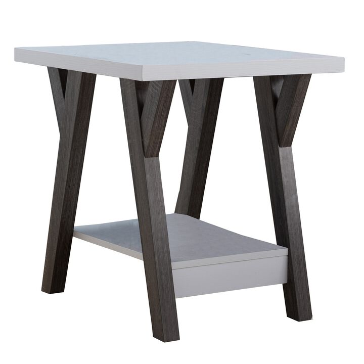 22 Inch Two Tone End Table with Bottom Shelf, White and Gray-Benzara