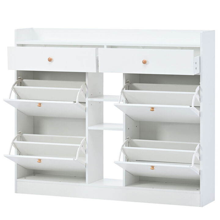 Modern Shoe Cabinet with 4 Flip Drawers, Multifunctional 2-Tier Shoe Storage Organizer with Drawers, Freestanding Shoe Rack for Entrance Hallway, White