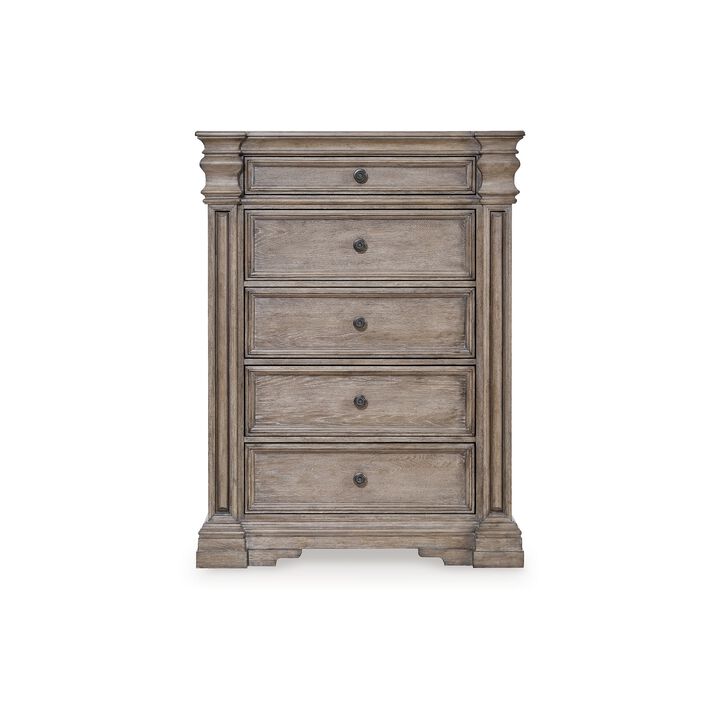 Blaie Tall Dresser Chest, 5 Drawer, 68 Inch Taupe Brown Solid Hardwood - Benzara