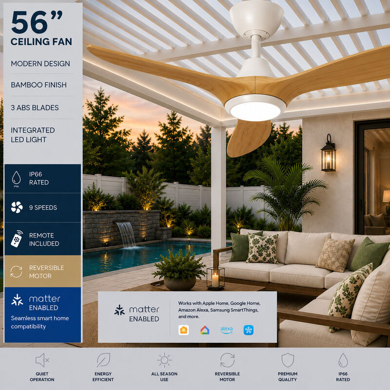 ENLIGHT 56" Smart DC Ceiling Fan with Light, IP66 Outdoor/Coastal Rated, Matter Smart Home Integration, 3 Blades image number 1