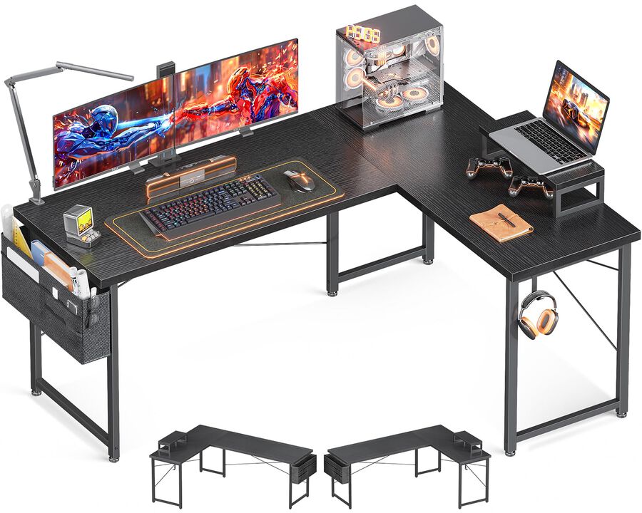 Casaottima L Shaped Computer Desk with Storage Bag, 57.5 Inch Reversible Gaming Desk, Home Office Corner Desk with Monitor Shelf