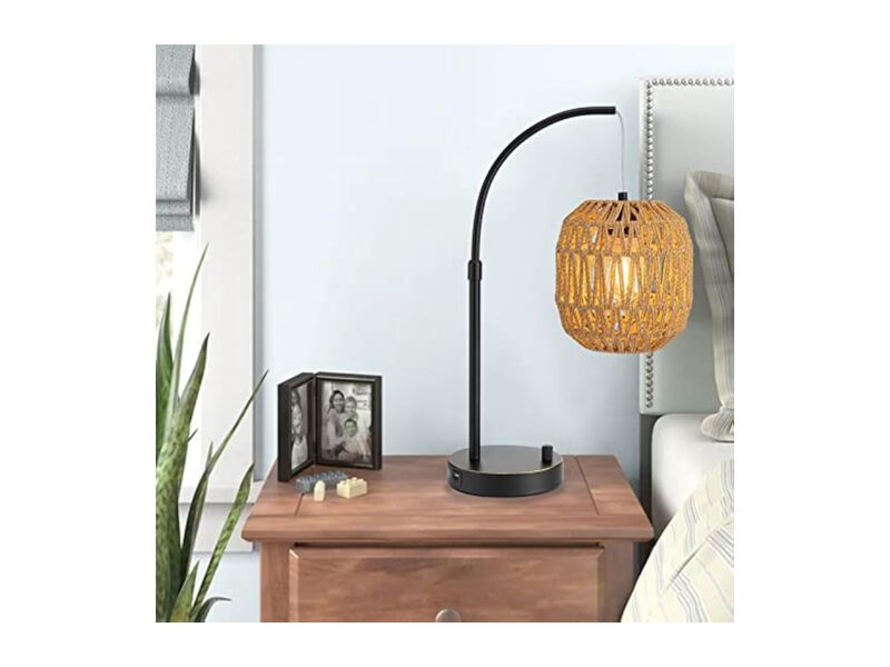 USB Port Boho Metal Rattan Bedside Lamp For Bedroom Office Nightstand image number 3