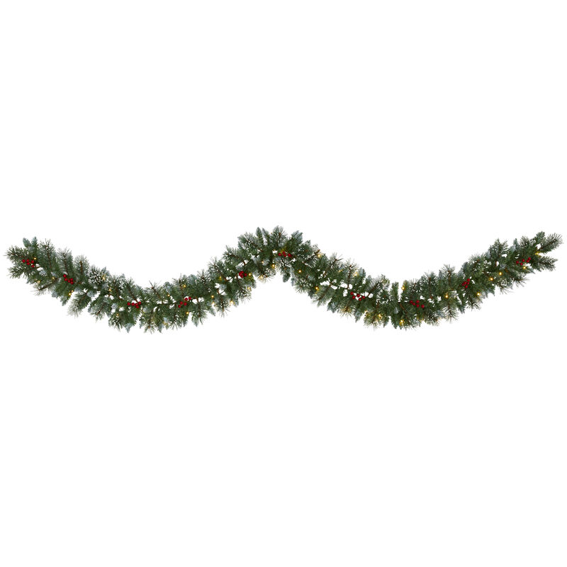 Hivvago 9" Frosted Swiss Pine Artificial Garland with 50 Clear LED Lights and Berries