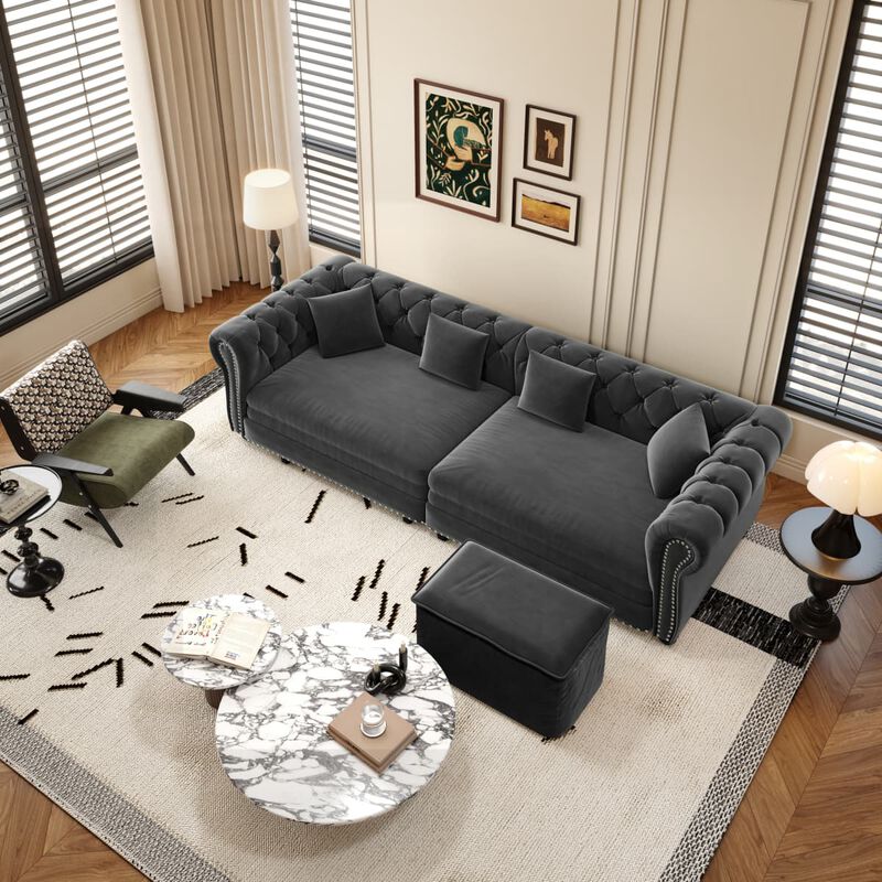 3-in-1 Pull-Out Sleeper Sofa, Velvet Chesterfield Sofa with Rolled Arms and Tufting, 89 Inch Convertible Sofa Bed with Ottoman image number 3