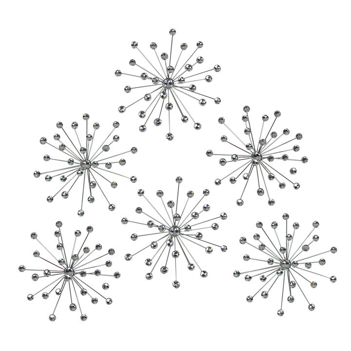 Set Of 6 Silver Starburst Jeweled Metal Decorative Wall Art Hangings