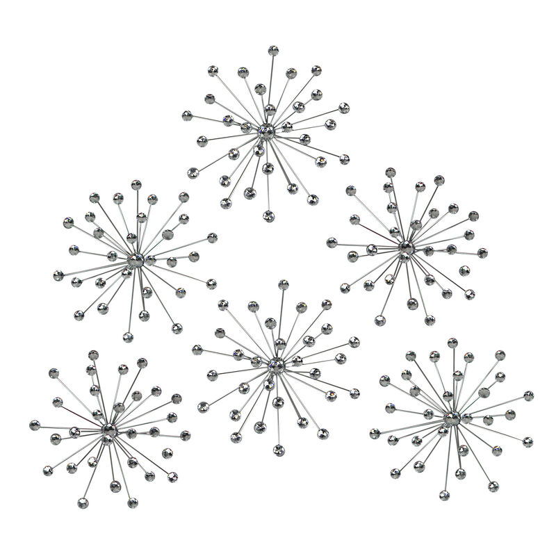 Set Of 6 Silver Starburst Jeweled Metal Decorative Wall Art Hangings image number 0