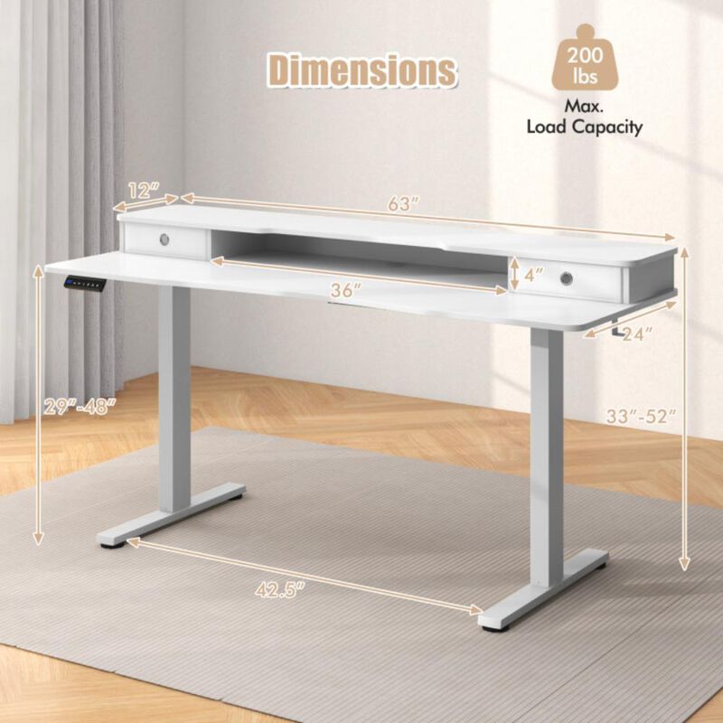 Hivvago 63 Inch x 24 Inch Electric Standing Desk with 2 Drawers