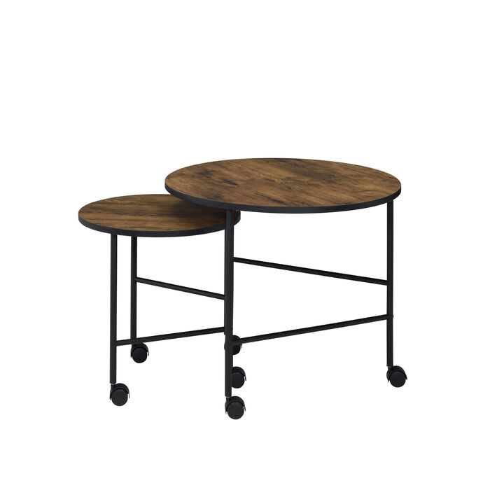 2 Piece Round Nesting End Table with Casters, Oak Brown and Black-Benzara