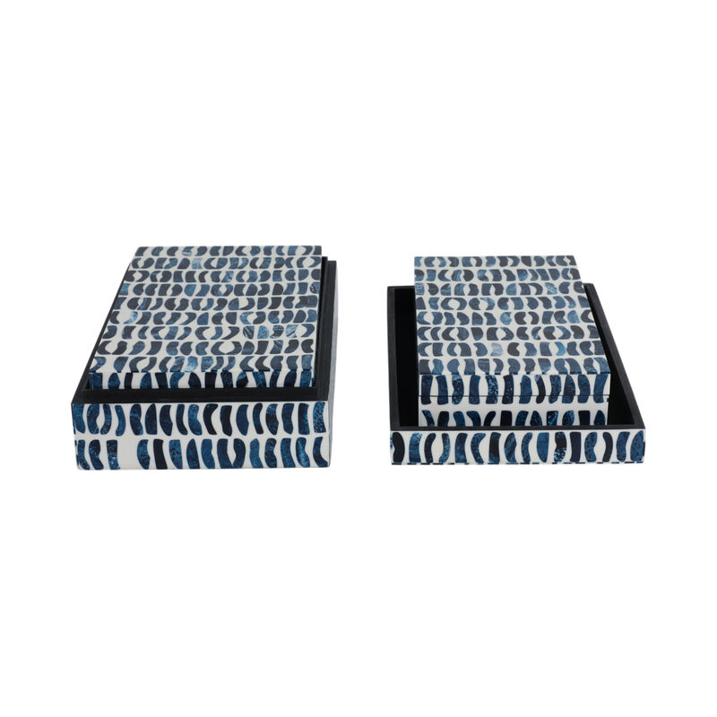 S/3 10/11/12" Boxes With Inlay Pieces, Blue/white image number 3