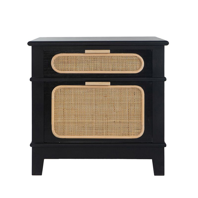 Dana 27 Inch Bedside Table, 2 Rattan Drawers, Pine Wood, Black, Brown - Benzara