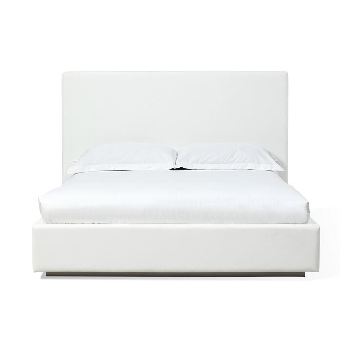 Uma King Size Platform Bed, Tall Panel Headboard, Cream Canvas Upholstery - Benzara