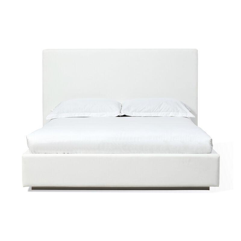 Uma King Size Platform Bed, Tall Panel Headboard, Cream Canvas Upholstery - Benzara