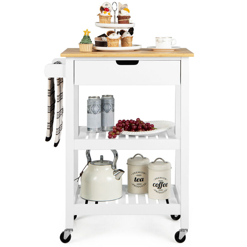 3-Tier Kitchen Island Cart Rolling Service Trolley with Bamboo Top