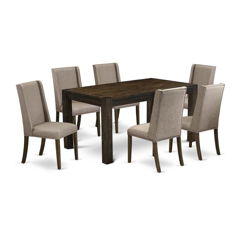 East West Furniture CNFL7-77-16 7-Piece Dining Room Set- 6 Parson Chairs with Dark Khaki Linen Fabric Seat and Stylish Chair Back - Rectangular Table Top & Wooden 4 Legs - Distressed Jacobean Finish
