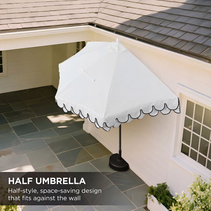 Terrace Arc 9 ft. Classic White Pole MidCentury Scalloped Fringe Market Patio Half Umbrella with Crank, Tilt Button and UV Protection