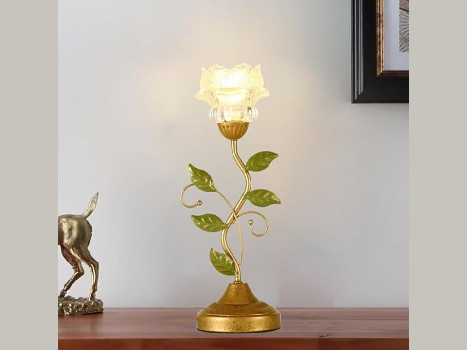 Glass Table Lamp Antique Flower Design Green Leaf Bedside Retro Desk Lamp