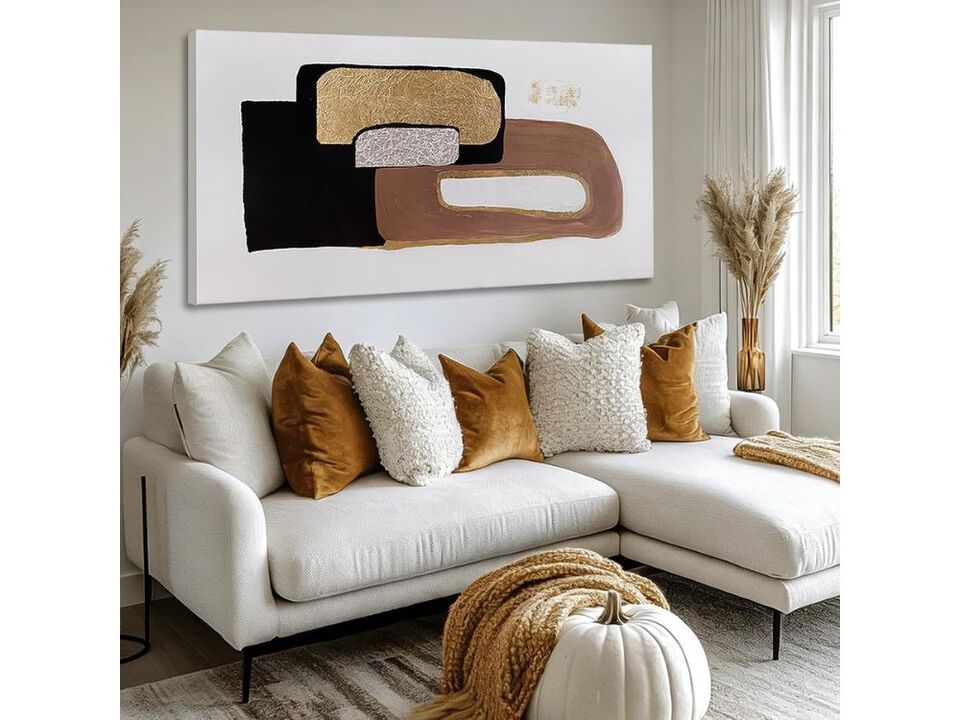 Minimalist Black White Brown Wall Art Gold Foil Abstract Canvas 24x48 In