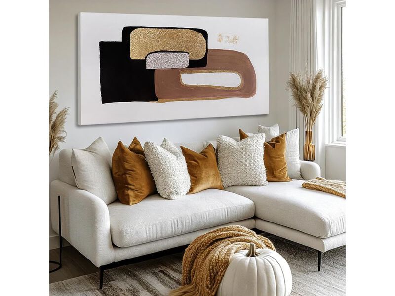 Minimalist Black White Brown Wall Art Gold Foil Abstract Canvas 24x48 In image number 1