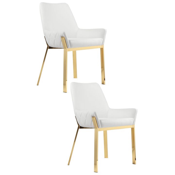 Fuma 23 Inch Dining Accent Chair Set of 2, Tufted, White Faux Leather, Gold - Benzara