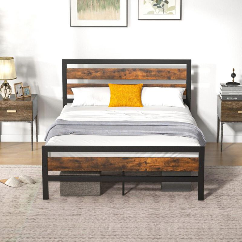 Hivvago Industrial Bed Frame with Rustic Headboard and Footboard
