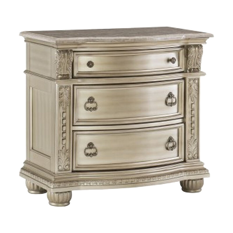 Caitlin Four Pc Queen Bedroom Set, Tufted Faux Leather Headboard, Marble Tops, Silver - Benzara