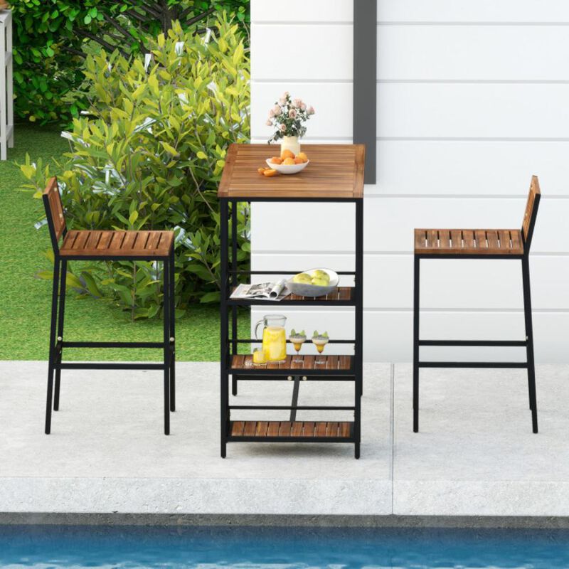 Hivvago 3 Pieces Outdoor Wood Bar Set with 3-Tier Storage Shelf and Metal Frame