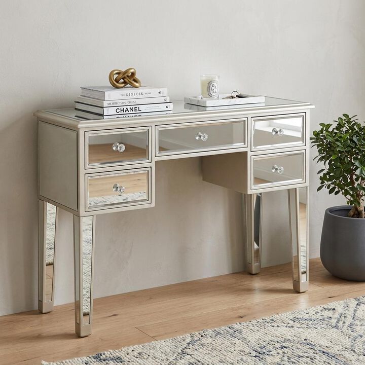 HomeRoots 43" Silver Mirrored Glass and Solid Wood Console Table With Five Drawers