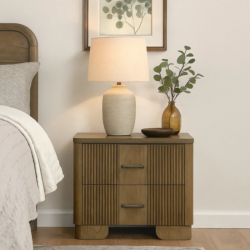 Leky Nightstand, 2 Reeded Drawers, Rounded Corners, Antique Oak Brown image number 6