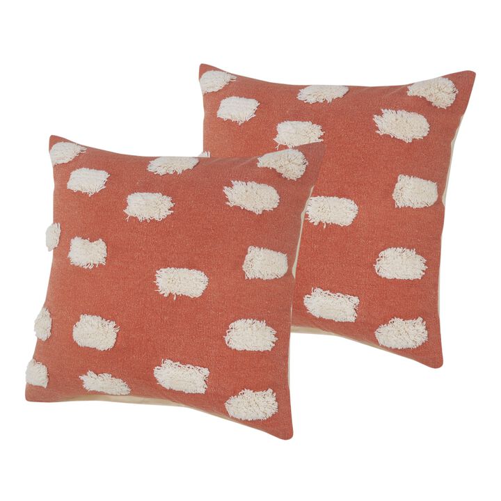 HomeRoots Set of Two 20" Orange And Natural And Orange Polka Dot Cotton Throw Pillows with Pompoms