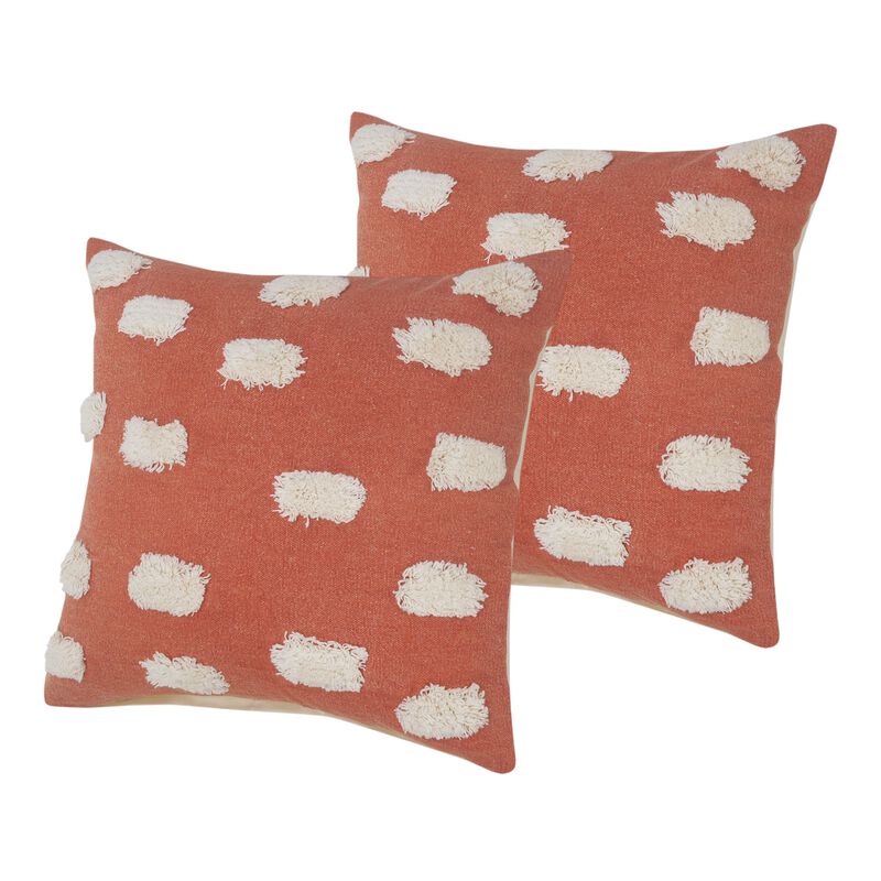 HomeRoots Set of Two 20" Orange And Natural And Orange Polka Dot Cotton Throw Pillows with Pompoms image number 0