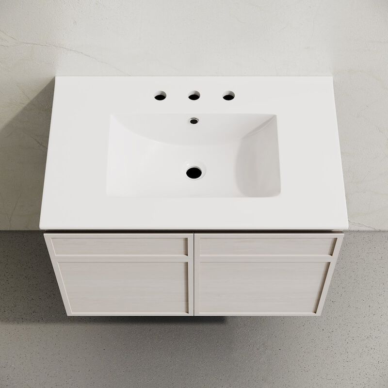30" Wall-Mounted Bathroom Vanity in White Oak with 3-Hole Widespread Sink Top image number 2