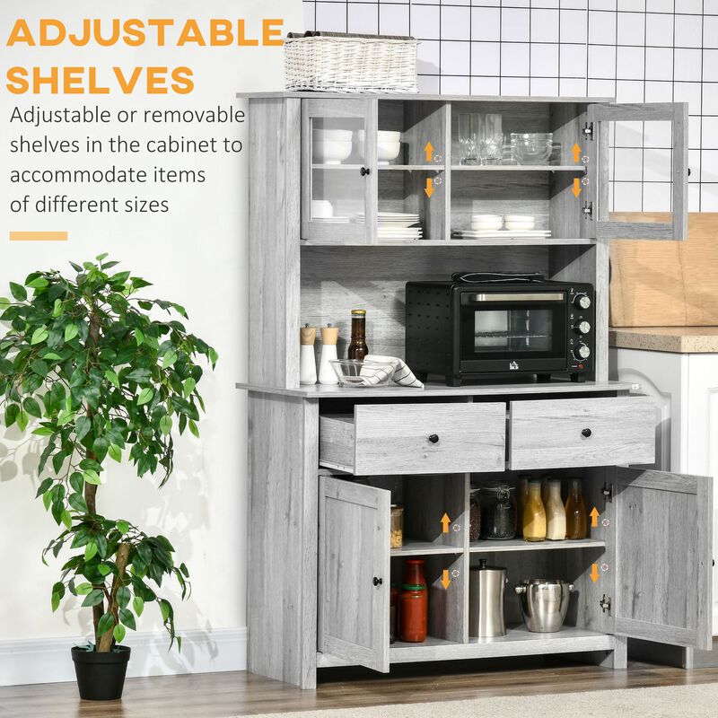 Ash Gray Kitchen Hutch: 63.5" Pantry with Glass Doors & Microwave Space