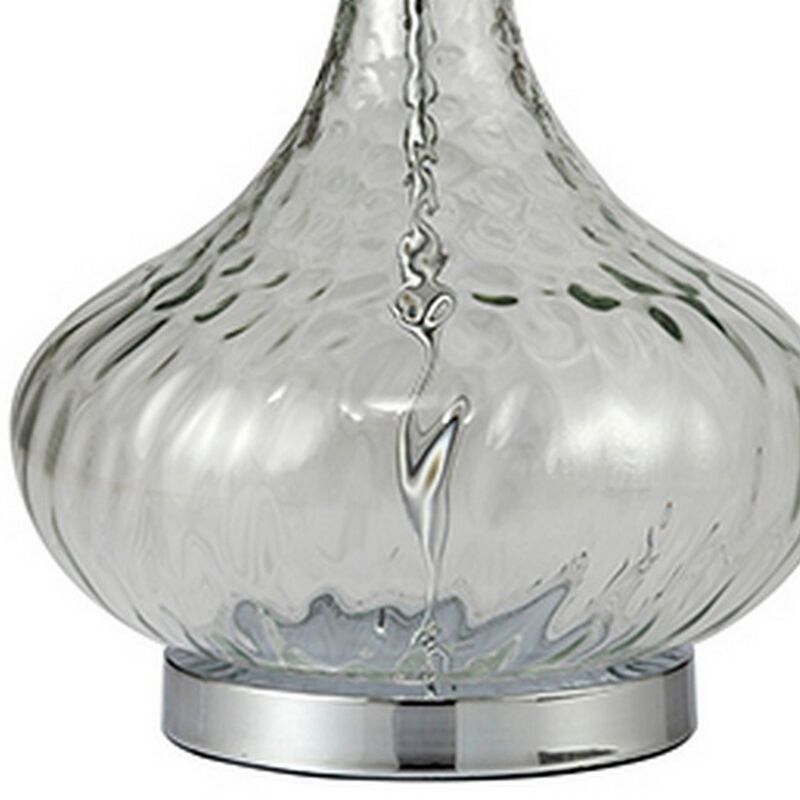 Table Lamp with Pot Bellied Glass Body, Clear and White - Benzara